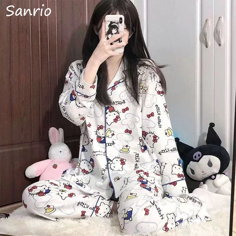 

Sanrio Hello Kitty Cute and Sweet Long-sleeved Pajama Set Four Seasons Models Women's Loose and Comfortable Cardigan Loungewear