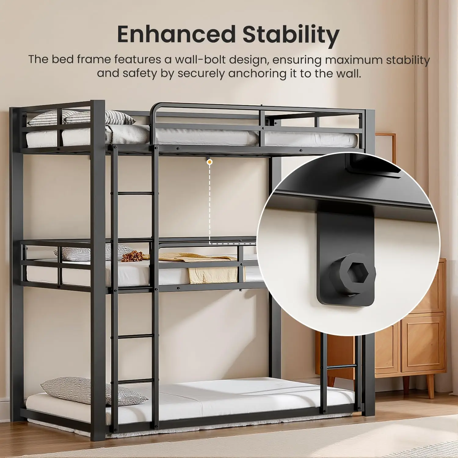 Heavy Duty Triple Bunk Bed, Twin-Size Metal Bunkbeds with Ladder, Family-Friendly for All Ages, Bedroom, No Box Spring Needed