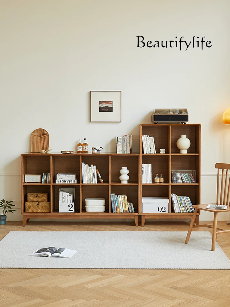 

Solid Wood Household Living Room Bookcase Japanese Grid Cabinet Floor Shelf