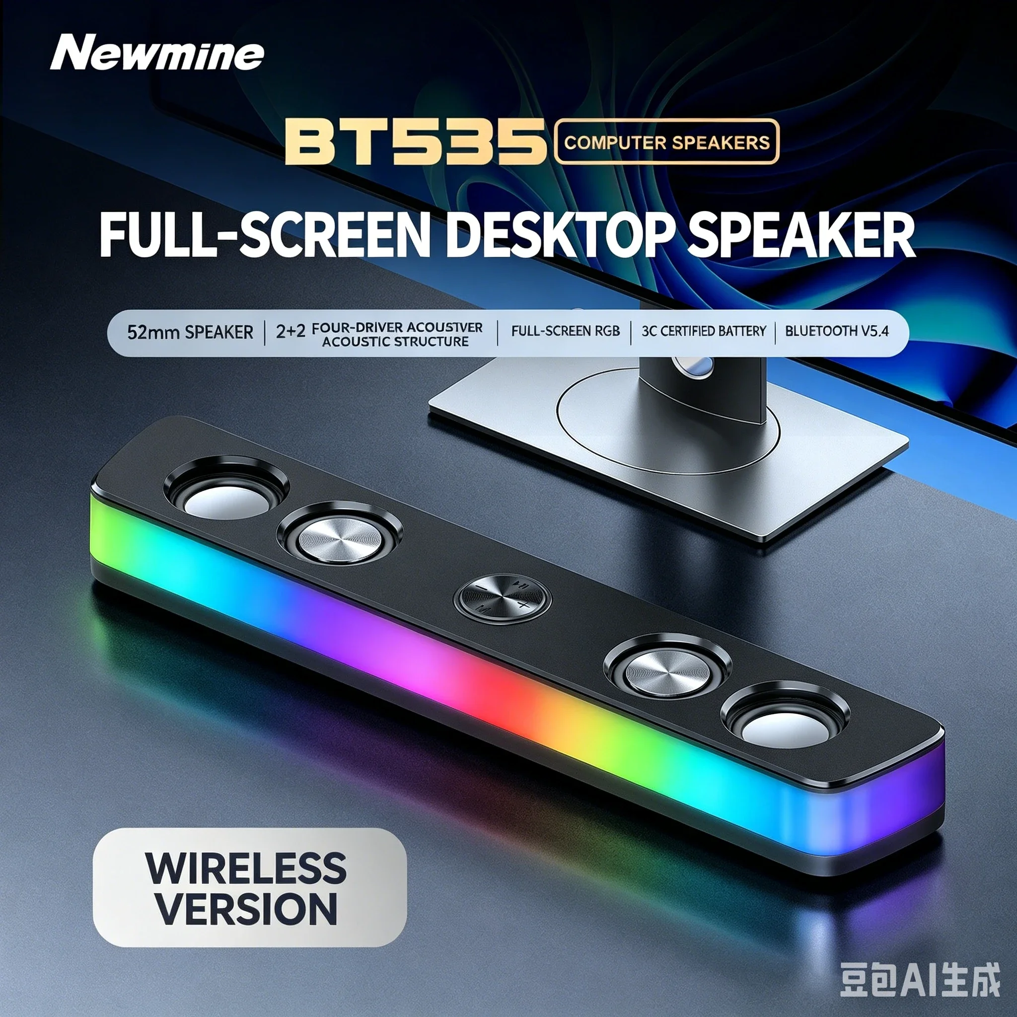 BT535 게이밍 사운드바 블루투스 5.4 데스크탑 스피커 RGB 리듬 조명 15W 스테레오 사운드바 2200mAh 배터리 (컴퓨터 게임용)