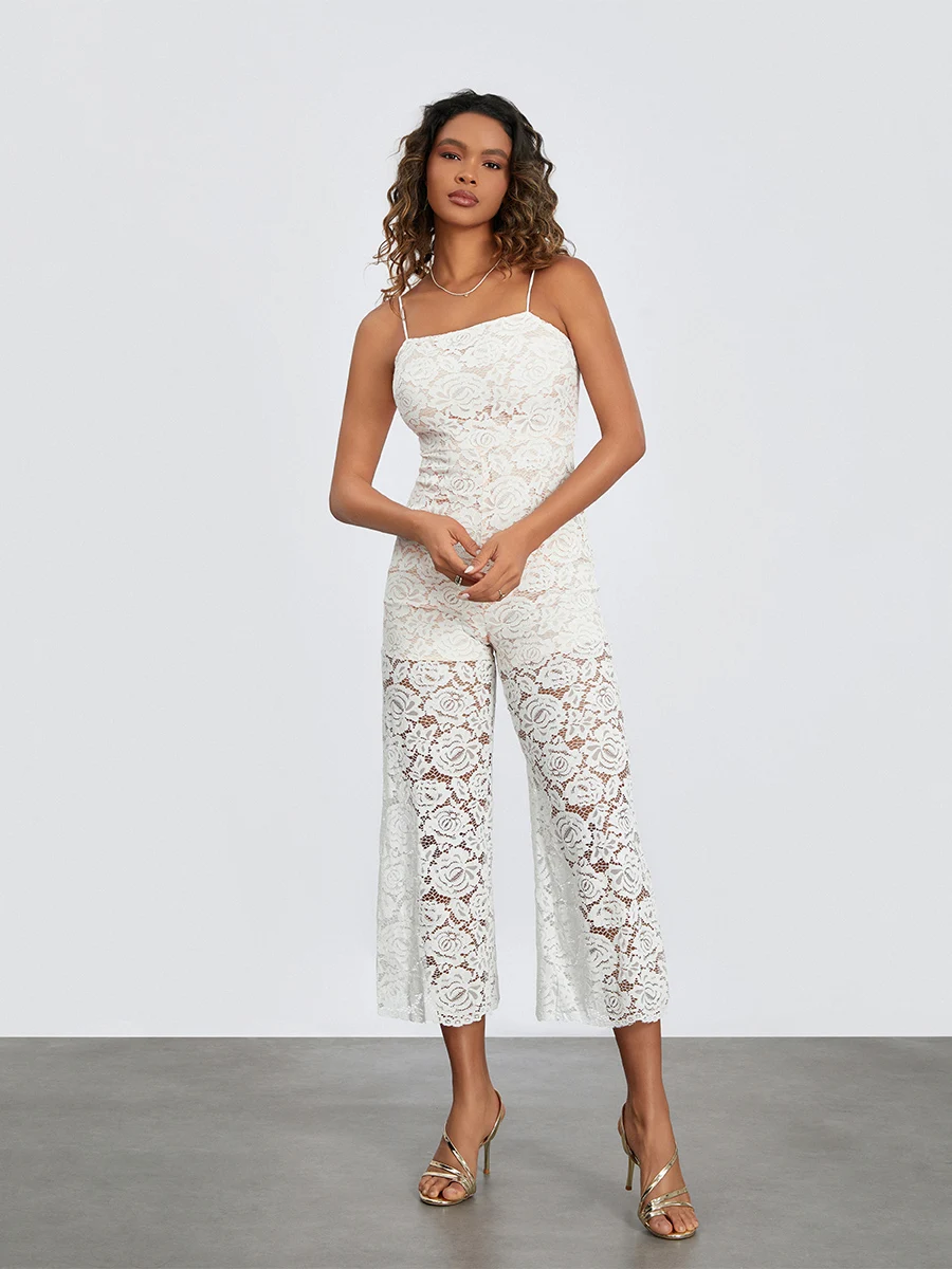 

Элегантный белый кружевной комбинезон wsevypo с цветочным рисунком, летние женские комбинезоны с открытой спиной и широкими штанинами на бретелях-спагетти
