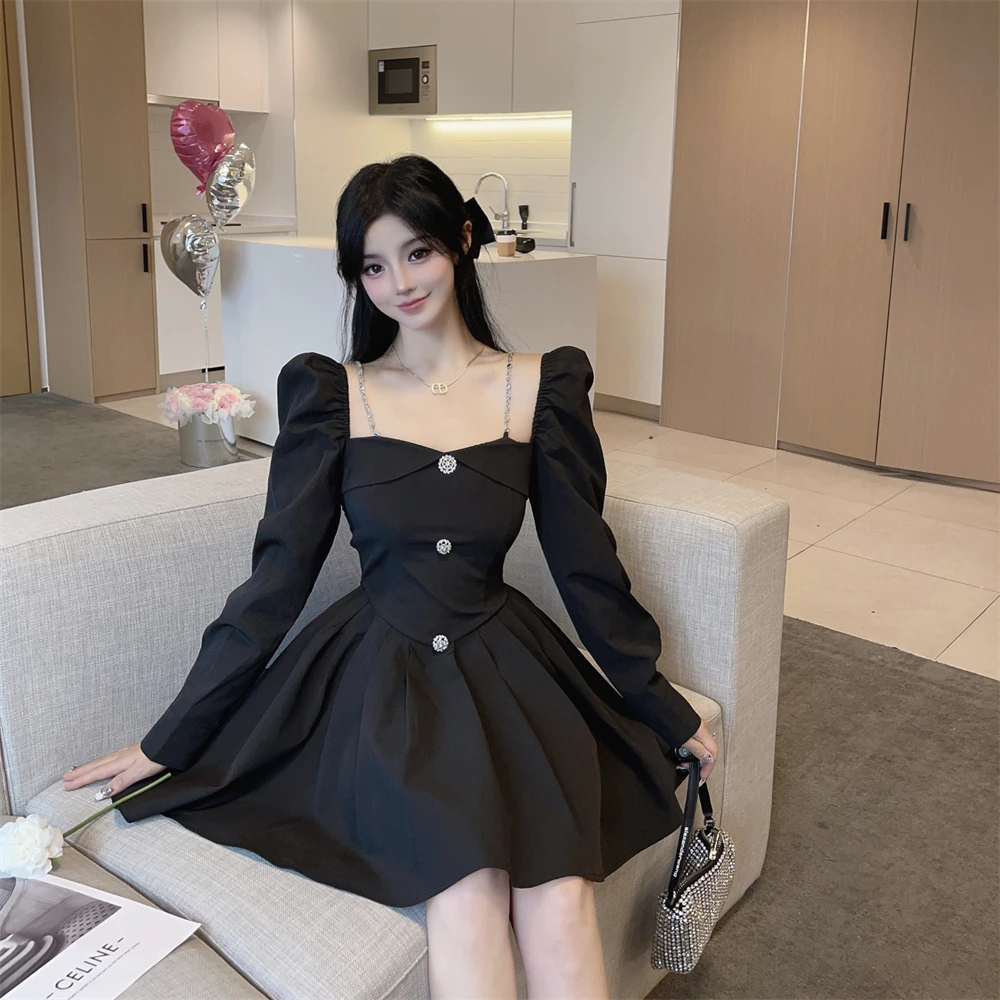 Korean Style Solid Mini Dress Women Long Sleeve Square Collar Spring Fashion High Waist Female Birthday Party Vestidos Mujer