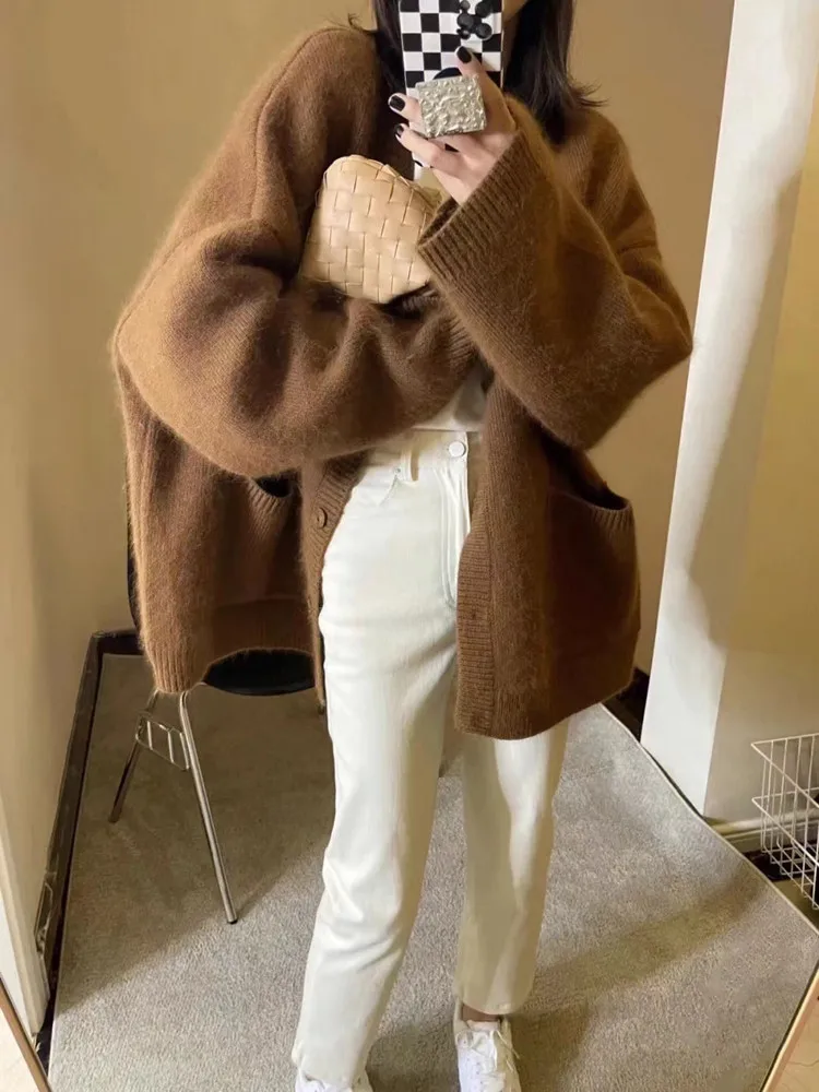 Loose Large Size Cashmere Sweater Coat Women Korean Mid Length 100% Pure Merino Wool Knit French Cardigan Autumn/Winter Jacket 2