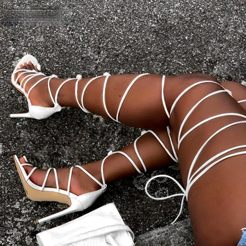 Women High Heels Open-toe Gladiator Sandals Cross-lace Lace-up Roman Hollow Shoes