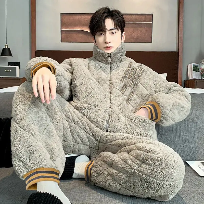 Men's Three-layer Padded Pajamas Winter Super Warm Thickened Sleepwear Outfit Youth Coral Velvet Premium Zipper Loungewear Set