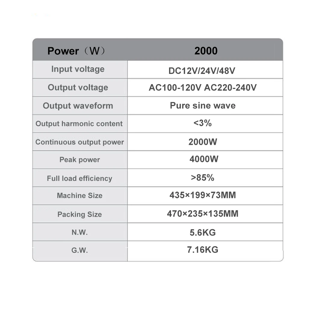 2000W Pure Sine Wave Power Inverter DC12V/24V/48V Car Power Inverter For Electri