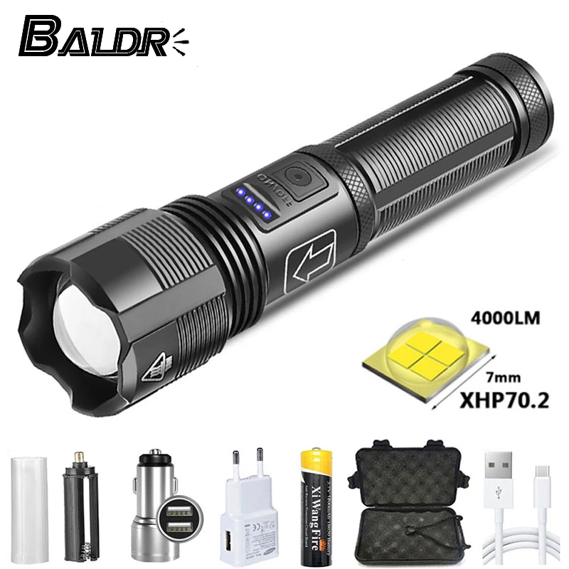 brightest flashlights BALDR Portable Zoom Led Flashlight High Power USB Rechargeable Tactical Flashlight XHP70.2 Hunting Camping Torch 5 Mode Lantern best tactical torch