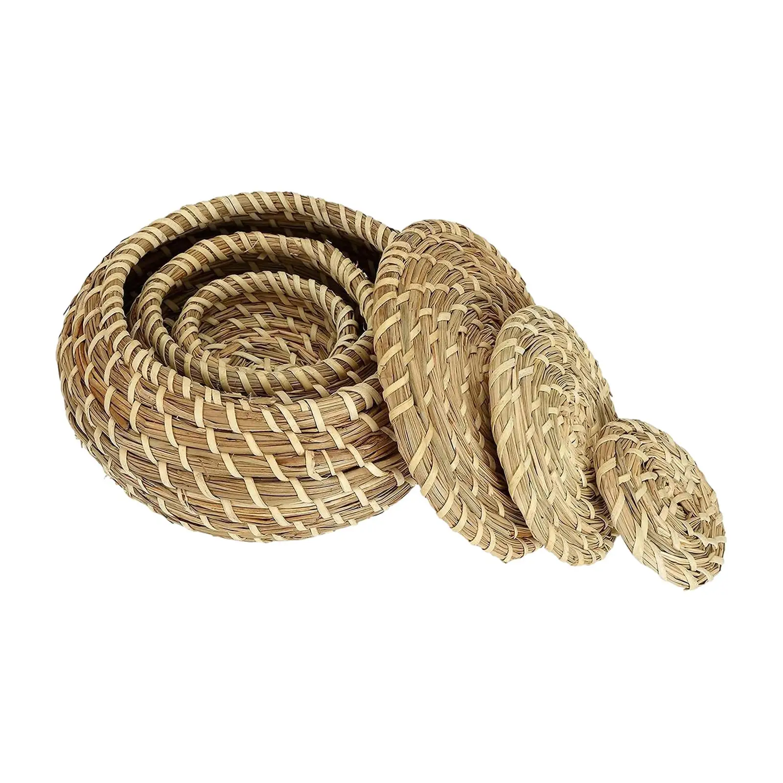 3x Handwoven Storage Basket Jewelry Storage Bin Desktop Basket Round Seagrass Box for Keys Fruit Shelf Bathroom Kitchen