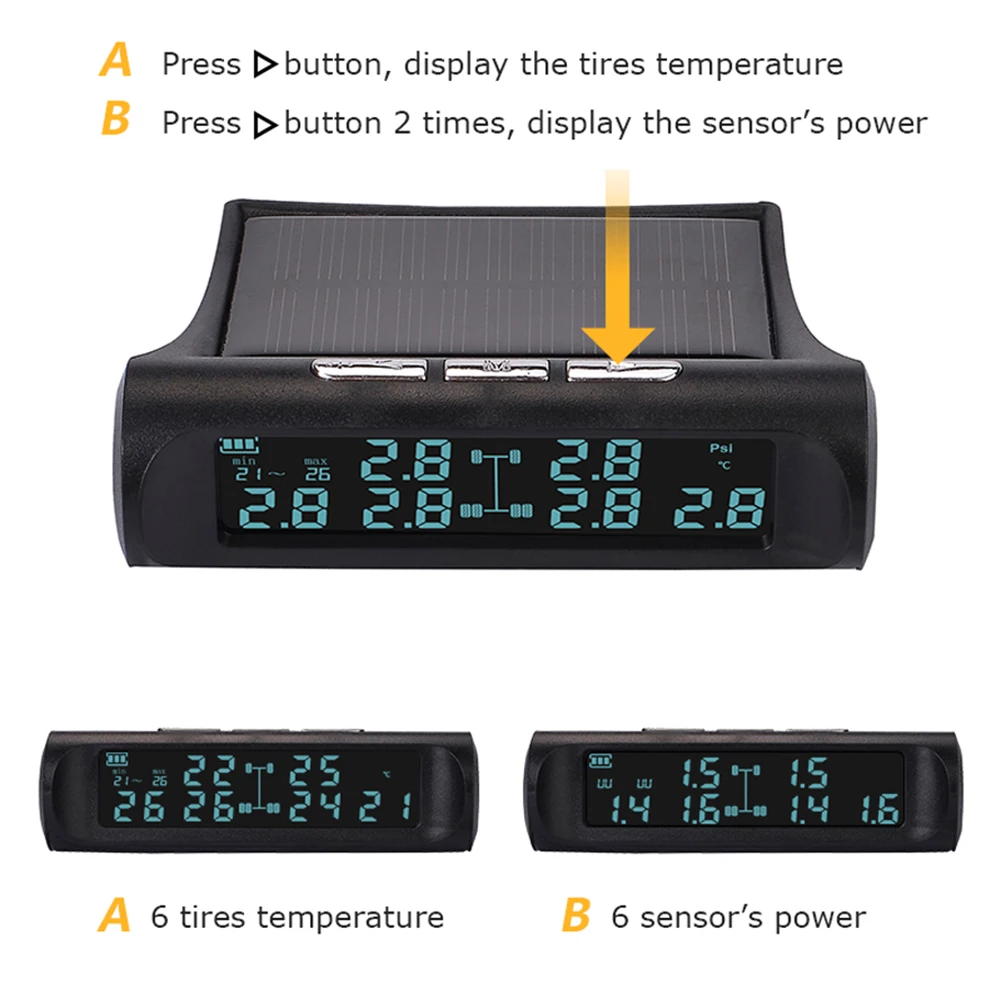 Solar Truck TPMS Tire Pressure Monitor 6 External Sensor LCD Display Car Tire Pressure Monitoring Tyre Temperature Alarm System 16