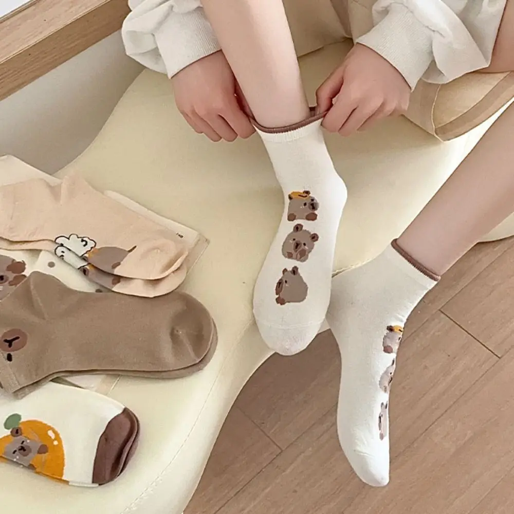 5Pairs Sweat Absorption Cartoon Capybara Socks Dot Non-Slip Capybara Mid-tube Socks Thin Soft Socks Women 5 Pairs
