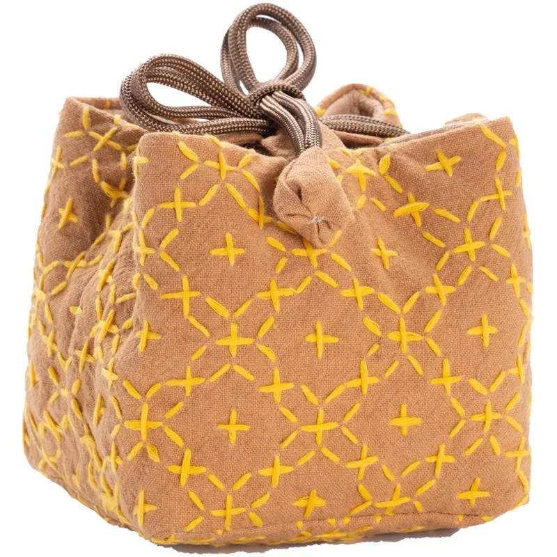 Vintage Chinese Style Stitched Tea Cup Pouch - Thickened Cotton Linen Travel Tea Set Bag for Zisha Teapot, Portable Storage Case