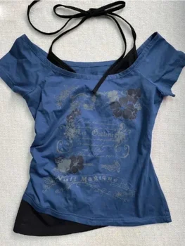 2025 الصيف خمر وهمية قطعتين الرسن الدانتيل يصل تي شيرت Y2k سليم صالح طباعة بلايز بلوزات غير مغطية للكتف قصيرة الأكمام تي شيرت