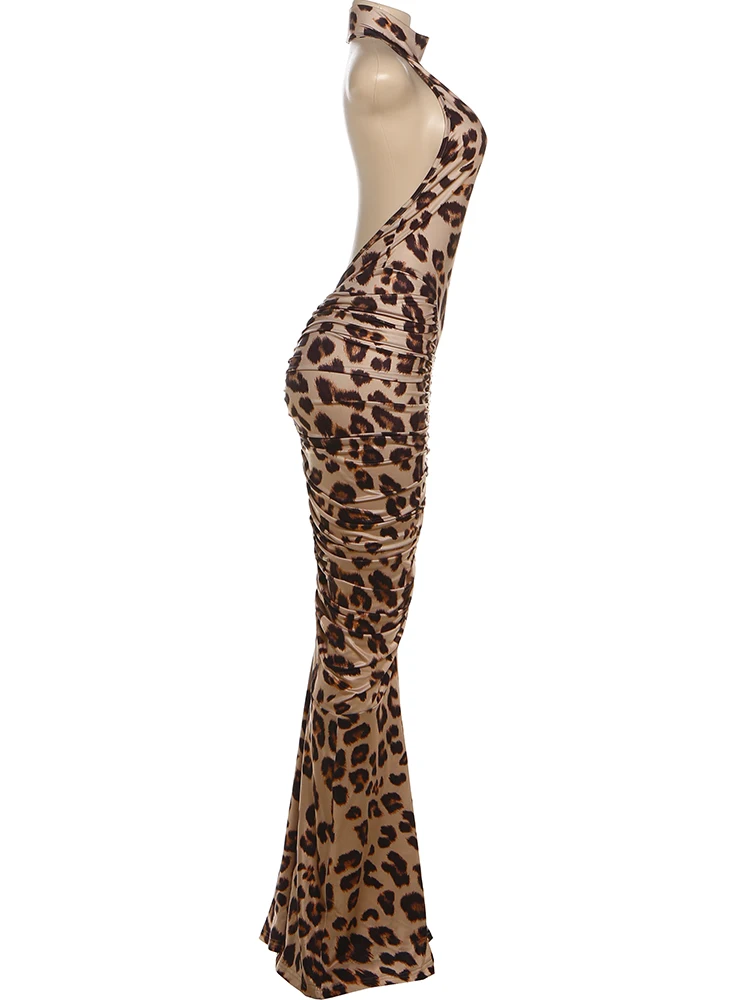 Nibber Peach Hip Leopard Print Dress Women Halter Sleeveless Backless Ruched Elegant Hottie Simple Sexy Stretch Slim Vestidos