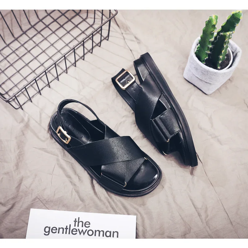 2023 New Bohemian Fish Mouth Cross Sandals Metal Buckle Flat Summer Casual Shoes Women's Elastic Beach Flat Sandals