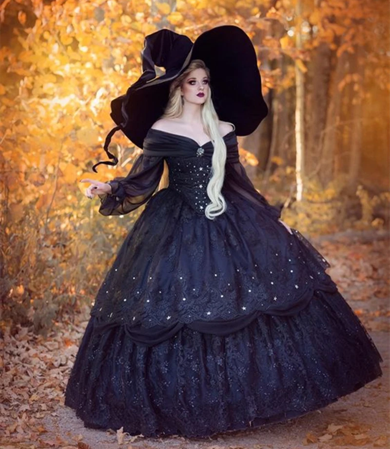 

Black Wedding Dress Long Sleeves V-Neck Lace Appliques Floor Length Gothic Bridal Gowns Romantic Princess Special Occasion Gown