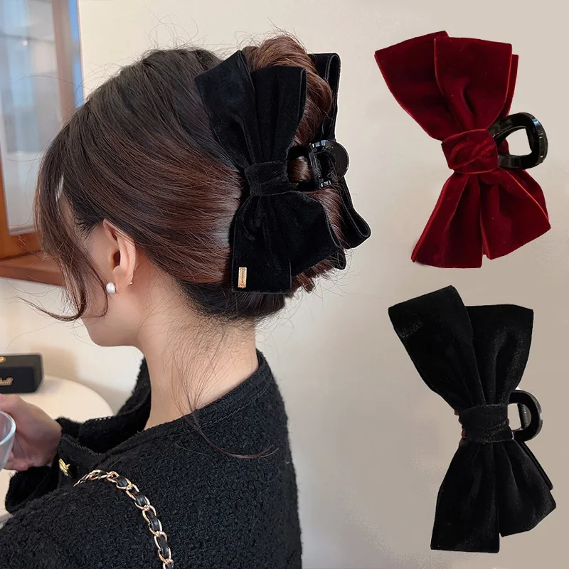 Advanced Texture Velvet Hair Clips Black Double-Sided Bow Shark Clips Women Back Head Hairpin Fashion Barrettes Hair Accessories green velvet double sided jewelry display empty plate for earring necklace bracelet watches jewellery organizer trays 4 colors