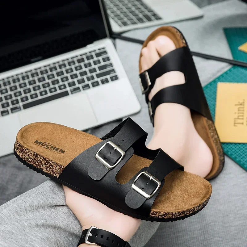 Mode Klassische Unisex Hausschuhe Für Männer Bequeme Sommer Kork Schuhe Für Männer Outdoor Sandalen Mikrofaser Plus Größe 36-46 – Detail 15