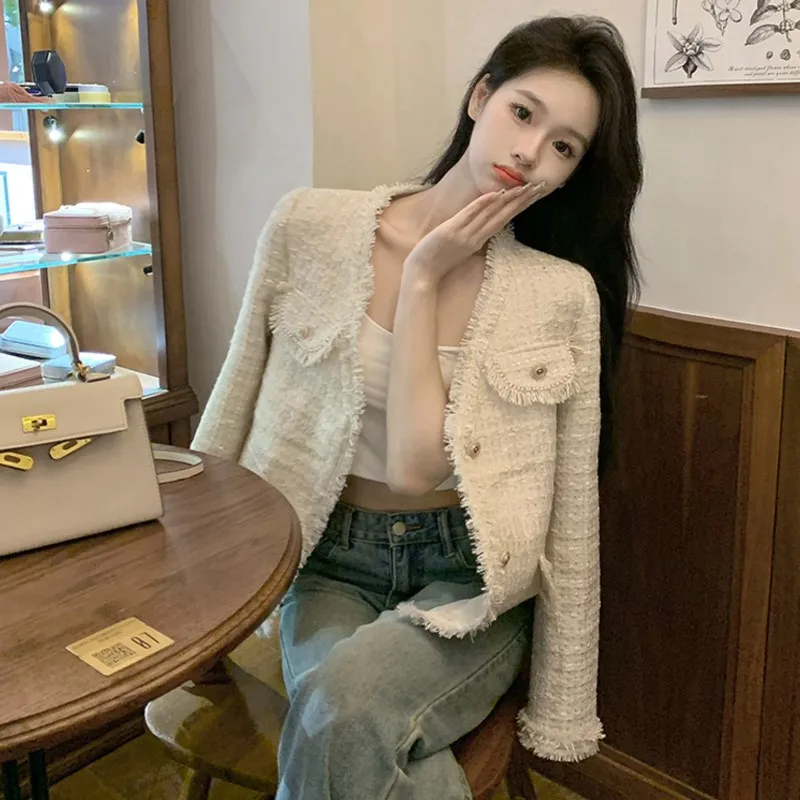 

Women's tweed jacket Beige Casual fragrance, autumn/winter jacket short top, new One piece classic jacket