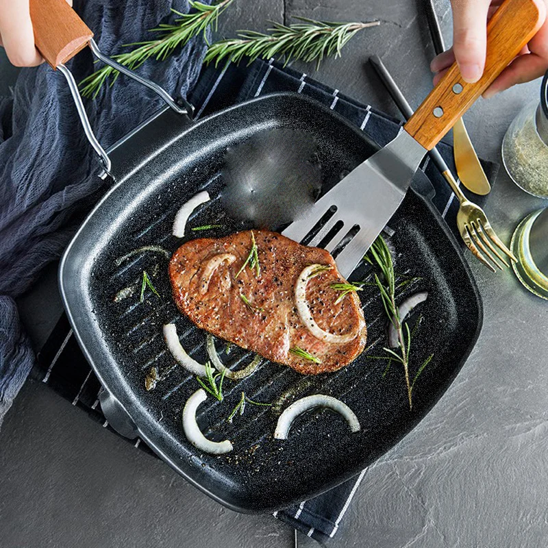 Iron Fry Pan Kitchen Cookware, Steak Square Frying Pan