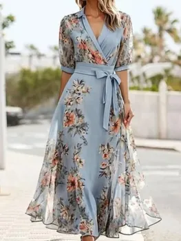 Elegant Print Dress Women Fashion Short Sleeve V Neck High Waist Lace-Up Loose Dresses Robe Femme Casual Office Holiday Clothes 1