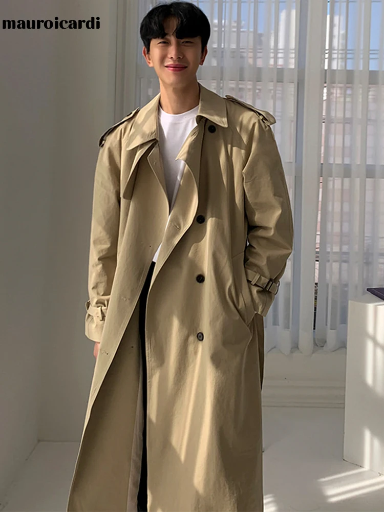 Mauroicardi Spring Autumn Long Khaki Trench Coat Men Double Breasted
