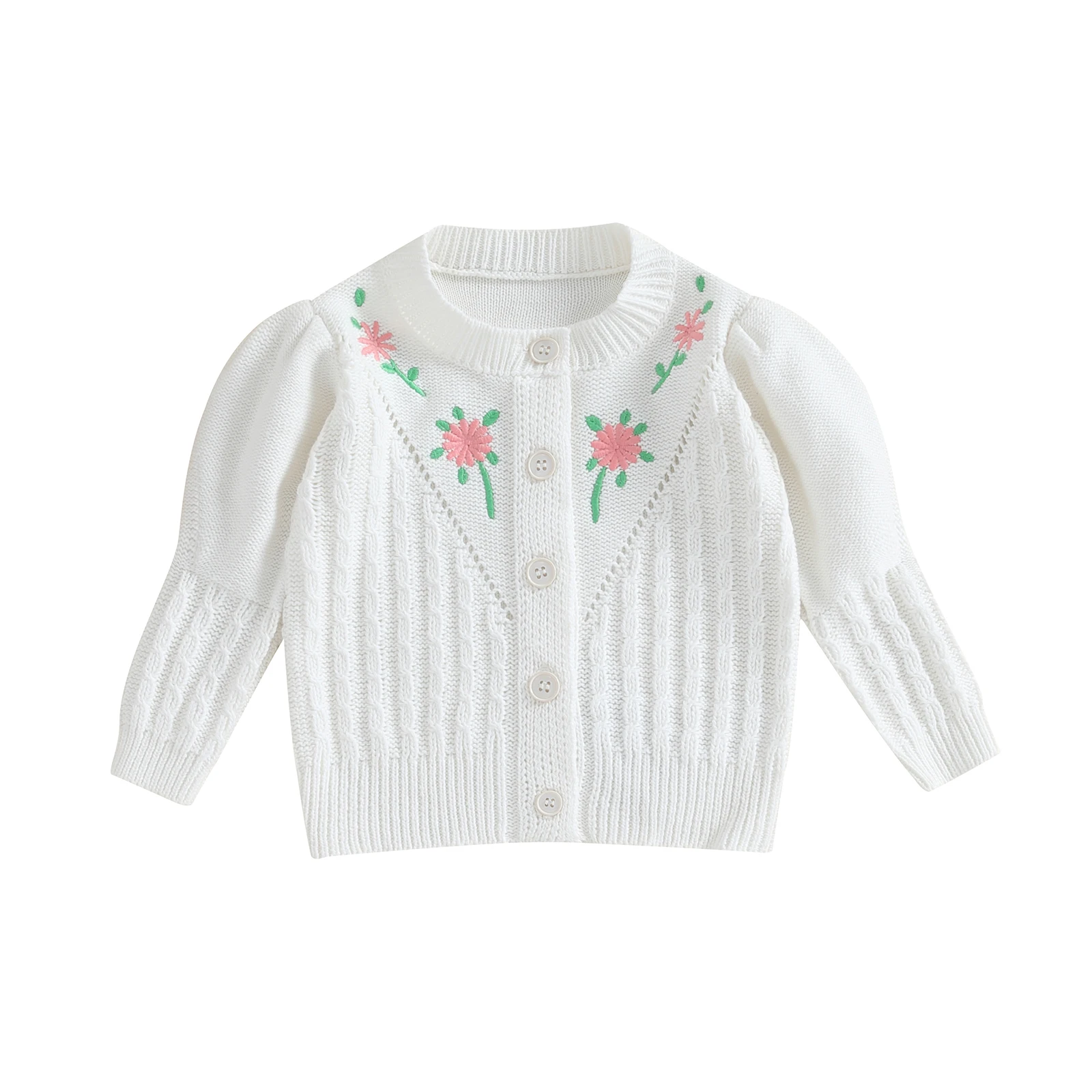 Baby Girls Autumn Winter Knit Sweater Long Sleeve Flower Embroidery Button Up Knitwear
