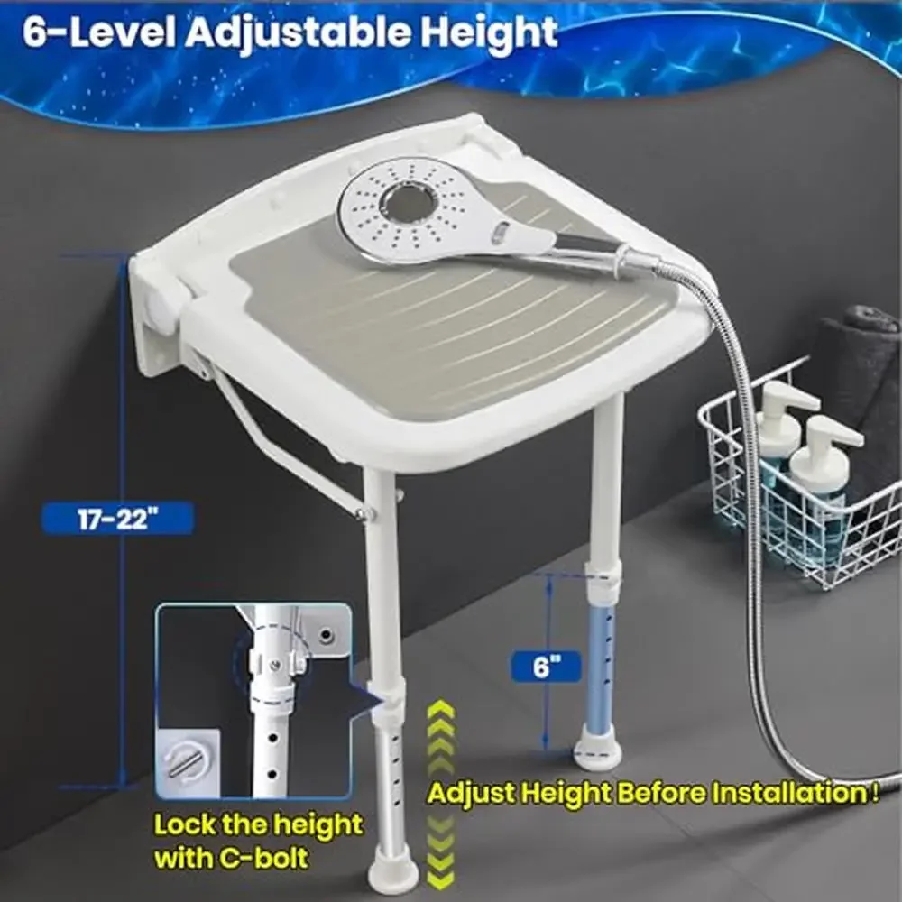 Wall Mounted Folding Shower Seat with 550lbs Support Adjustable Height Bench Elderly and Adults 6