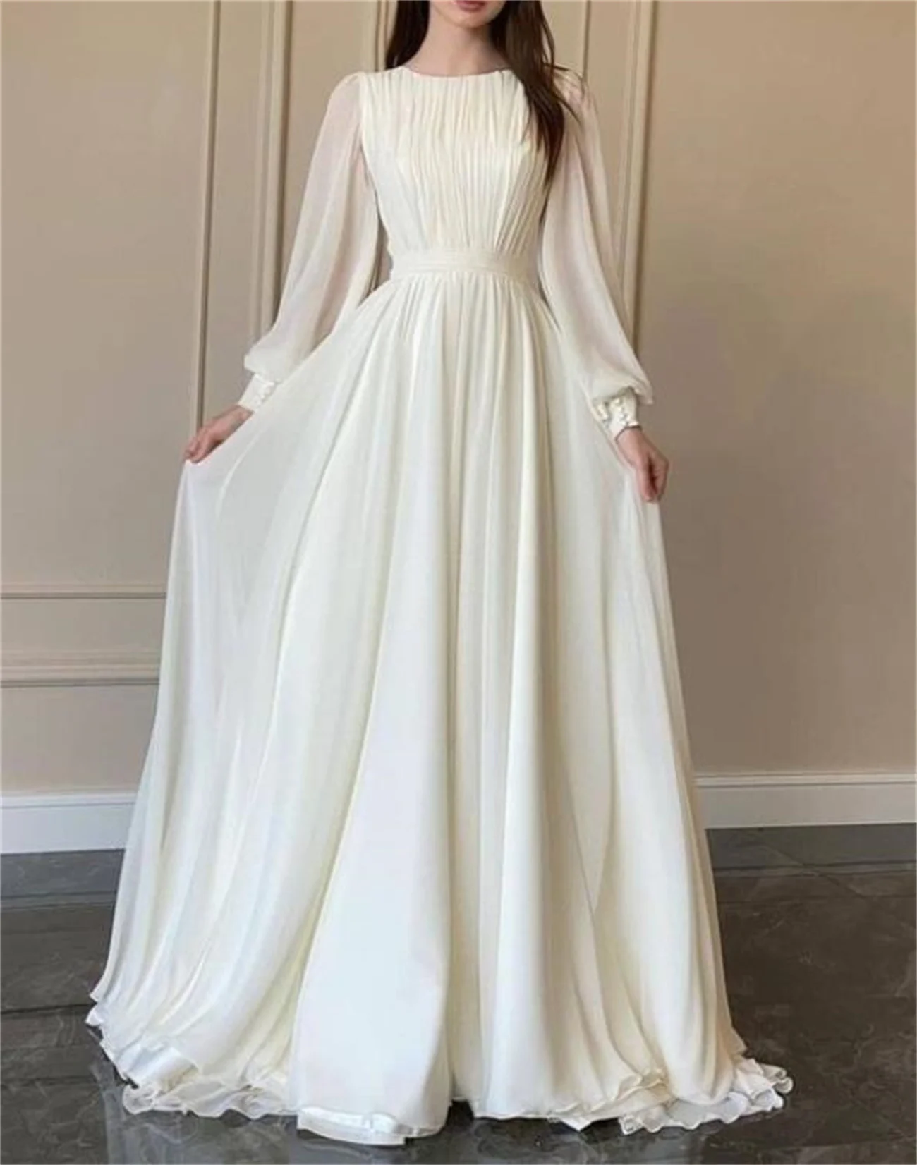 Customized Simple White Wedding Dress Round Neck Long Sleeve