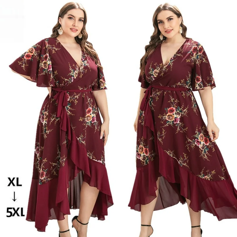 

2024 European and American plus Size Women's Clothes Summer New V-neck Ruffled Irregular Pattern Print Dress Long Skirt