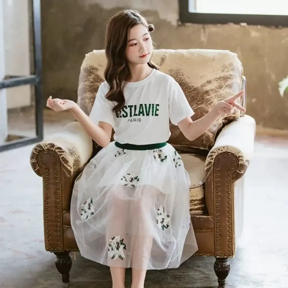 

Girls Summer Dress 2022 Fashion Kids Letter Print Short-Sleeves T-Shirt Embroidered Mesh Skirt 2pcs Princess Dress Suit