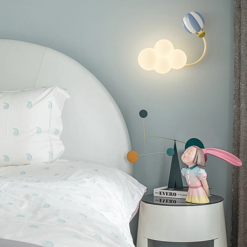 Children Bedroom Bedside Wall Lamp Cartoon Airplane Lights PE Lampshade Star Rainbow Kite Hot Air Balloon Cloud Night Light