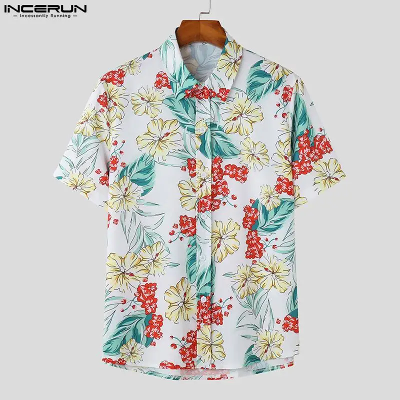 

INCERUN Tops 2023 New Men's Fashionable Loose Button Lapel Shirts Stylish Male Plant Flower Printing Short Sleeved Blouse S-5XL