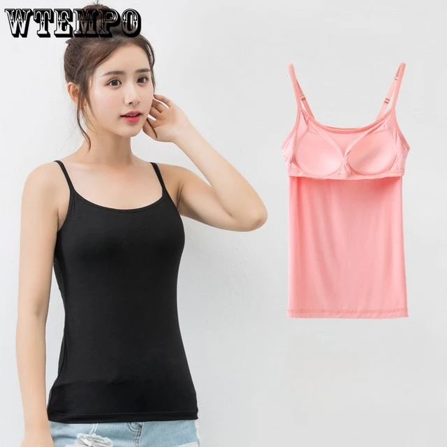 Summer Modal Bra Tank Top Women Spaghetti Strap Camisole with Built In Bra  Padded Self Mold