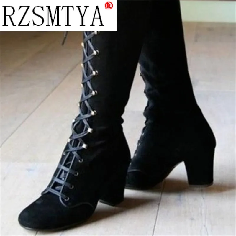Winter Women Boots Fashion Vintage Lace-up Boots Round Cowboy High Heels Booties platform boots
