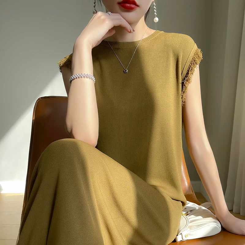 2023 Latest Summer Tassel Raw Edge Knitted Round Neck Retro Lce Silk Curved Bead Dress Women\'s Sleeveless Chic Tank Top Skirt
