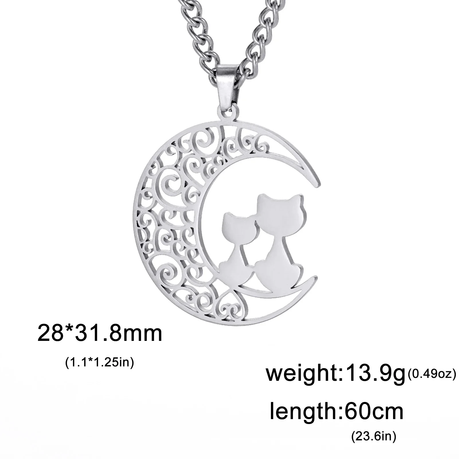 Stainless Steel Cat & Moon Necklace