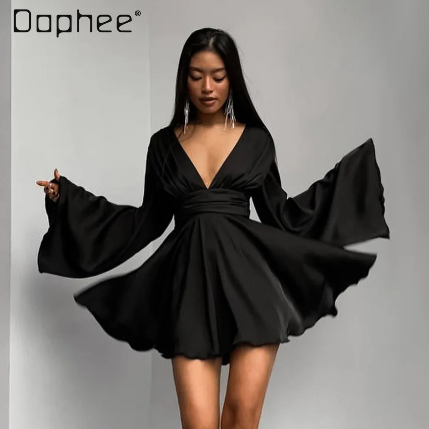 

Sexy Satin Black Slimming Dress Women Vestidos De Mujer 2024 New Spring Imitation Acetate V-neck Long Bell Sleeve Short Dresses