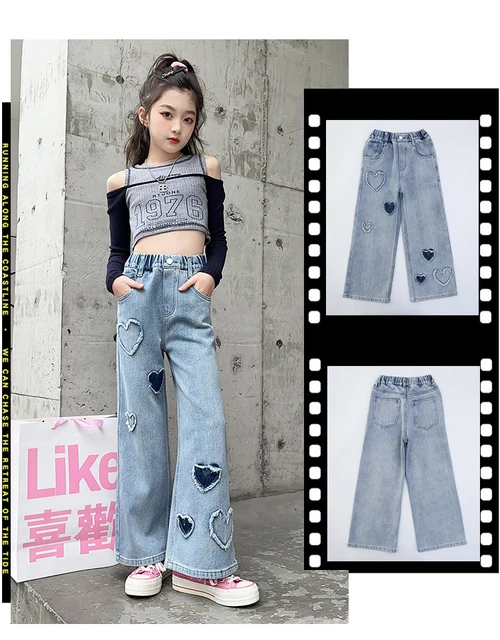 2023 New Girls Jeans Pants Size 12 Girls Wide-Leg Jean Pants Heart-shaped  patch Kids denim trousers Fashion Children's pantalone - AliExpress