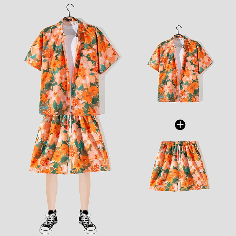 Summer Men 2 Piece Beach Sets Streetwear Short Sleeve Shirt  Shorts Breathable Casual Men Hawaiian Travel Shirt Shorts Suits