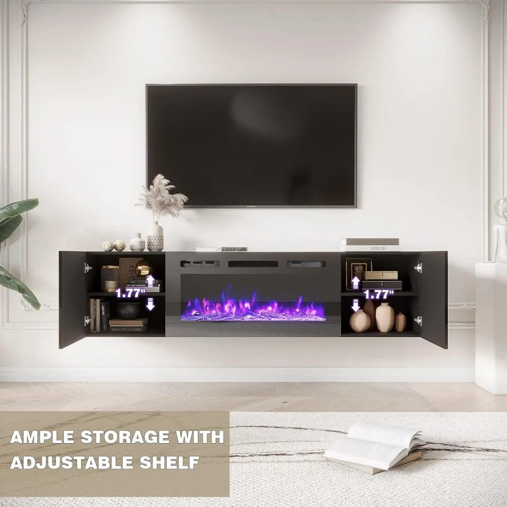 70'' Floating TV Stand with 36'' Electric Fireplace, 12 Flame Colors, Heater for TVs Up to 80'', Black Entertainment Center
