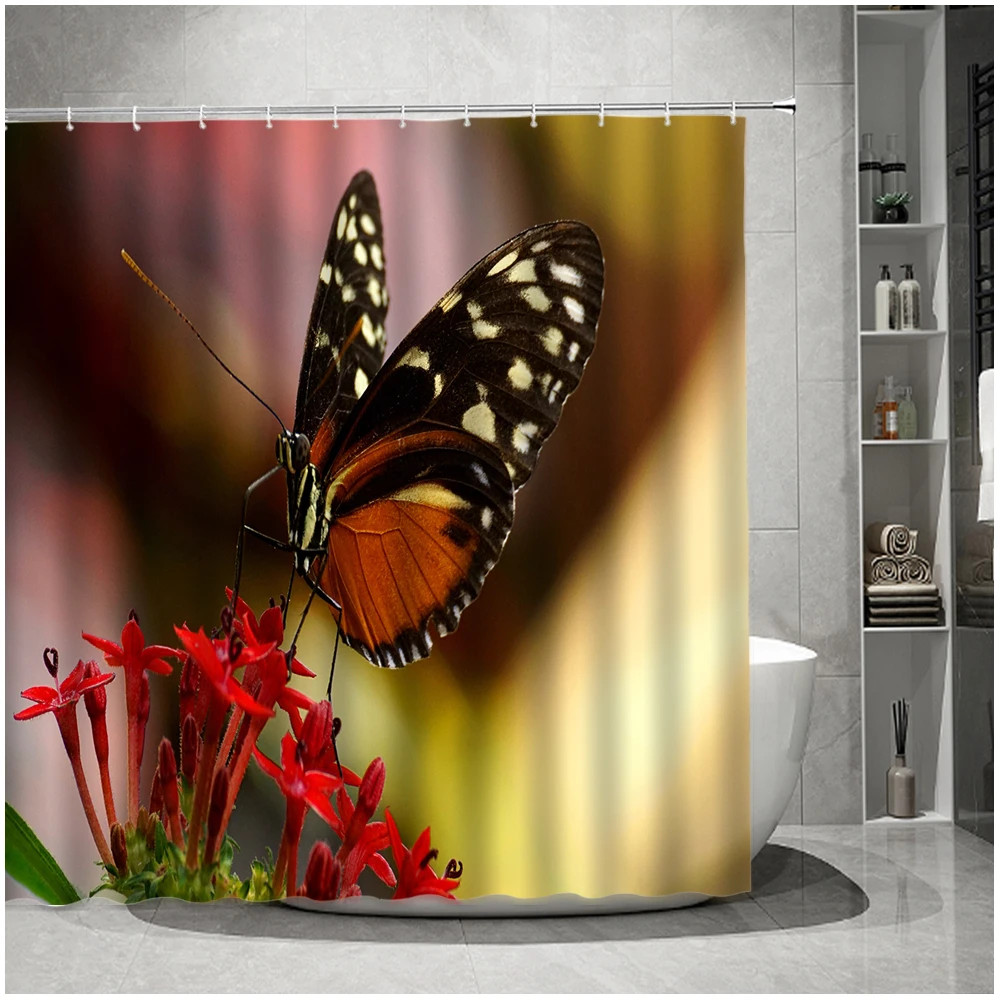 Colorful Flowers Tulips Shower Curtain Lilies Butterfly Spring Scenery Printing Home Bathroom Decor Bath Cloth Hanging Curtains