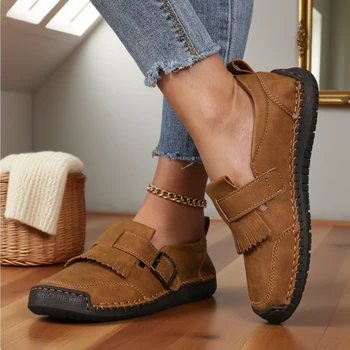 حذاء نسائي مسطح أنيق كلاسيكي بمقدمة مستديرة حذاء بدون كعب عصري جديد قابل للتنفس وغير قابل للانزلاق حذاء قيادة جلدي متعدد الاستخدامات مصنوع يدويًا 5