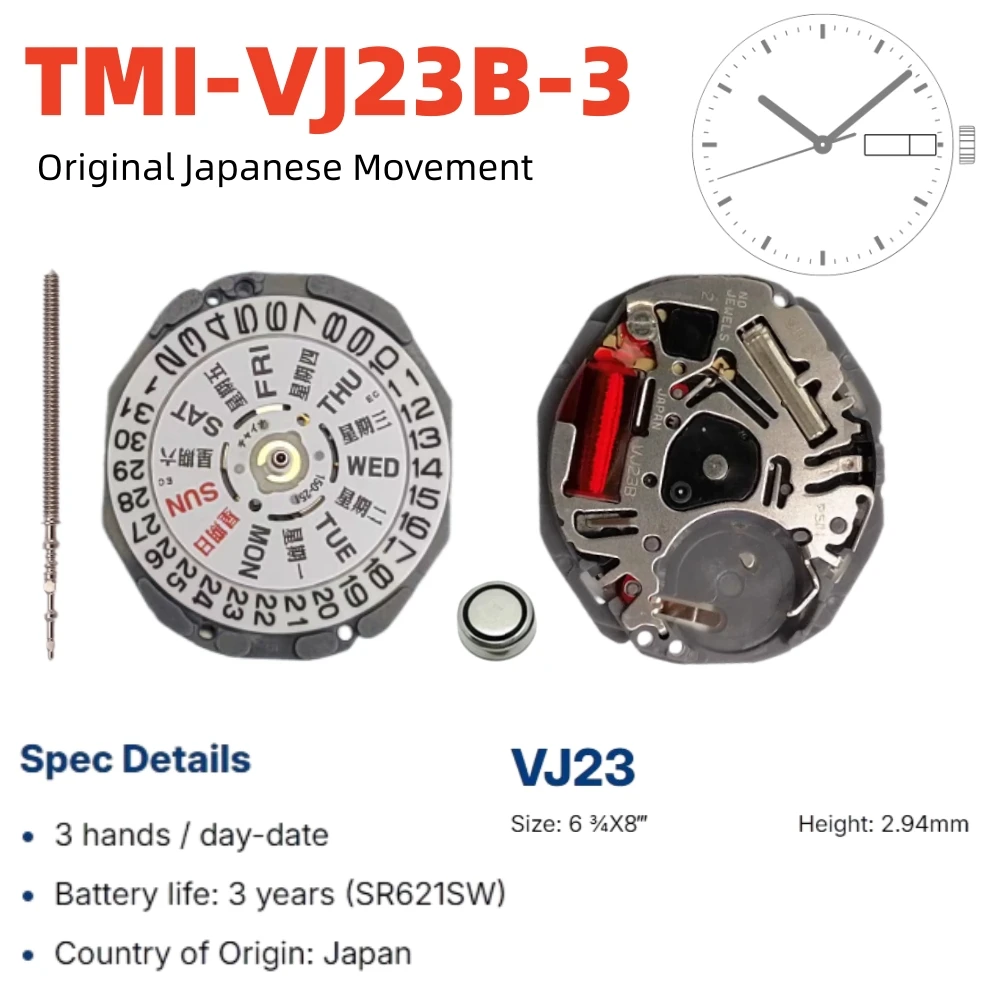 TMI VJ23B 무브먼트 VJ23 무브먼트 일본 TMI VJ23 쿼츠 무브먼트 오리지널 SII/TMI VJ23 시계 VJ23B 날짜 표시 기능이 있는 3시 방향