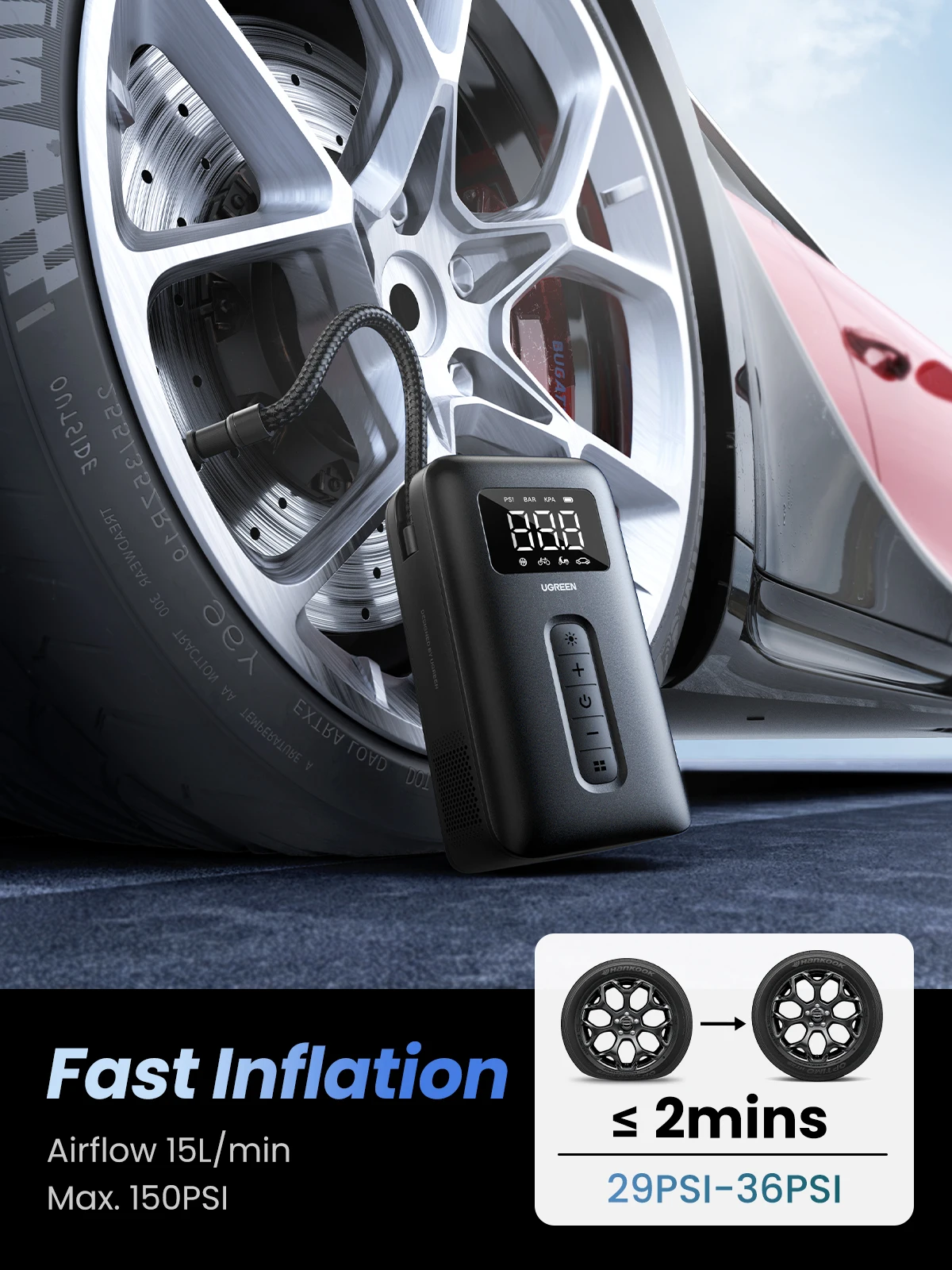 UGREEN Portable Tire Inflator Air Compressor 150PSI 5000mAh Battery with LED Light description image 13