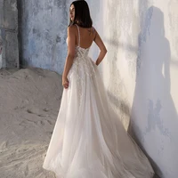 Spaghetti Strap Wedding Dress A-Line Sleeveless Side Slit Lace Appliques Backless Custom Made To Measures Robe De Mariee Beach 2