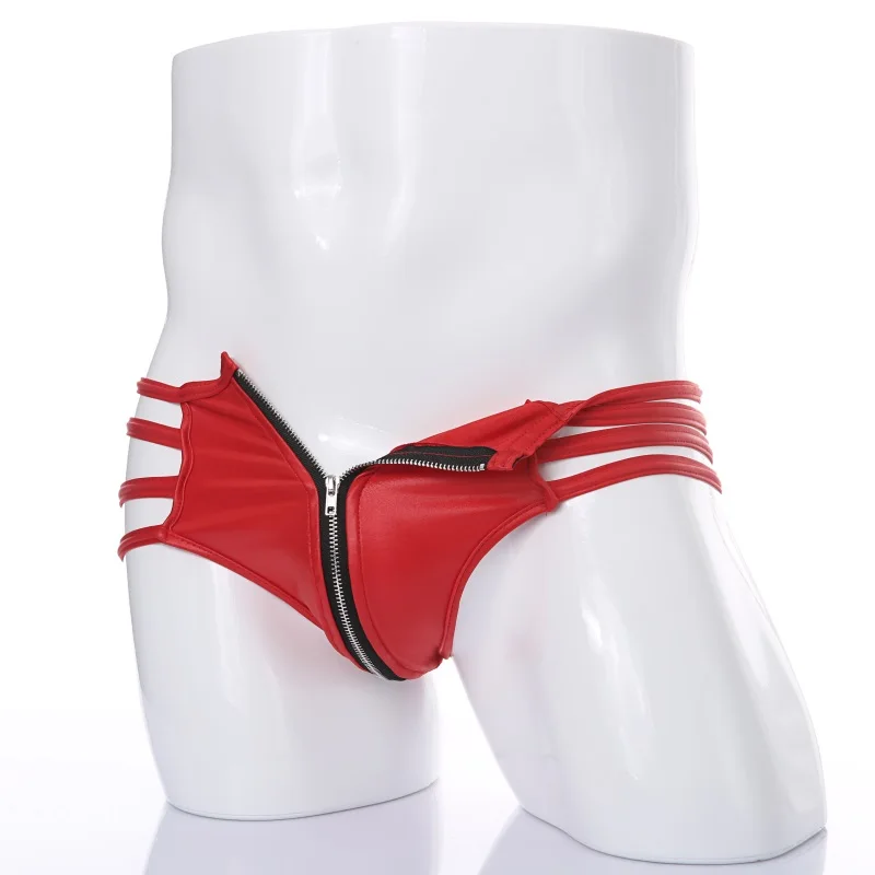 CLEVER-MENMODE Sexy Men's Underwear PU Faux Leather Thong BDSM Bandage Zipper Briefs Jockstraps Erotic Lingerie String Panties
