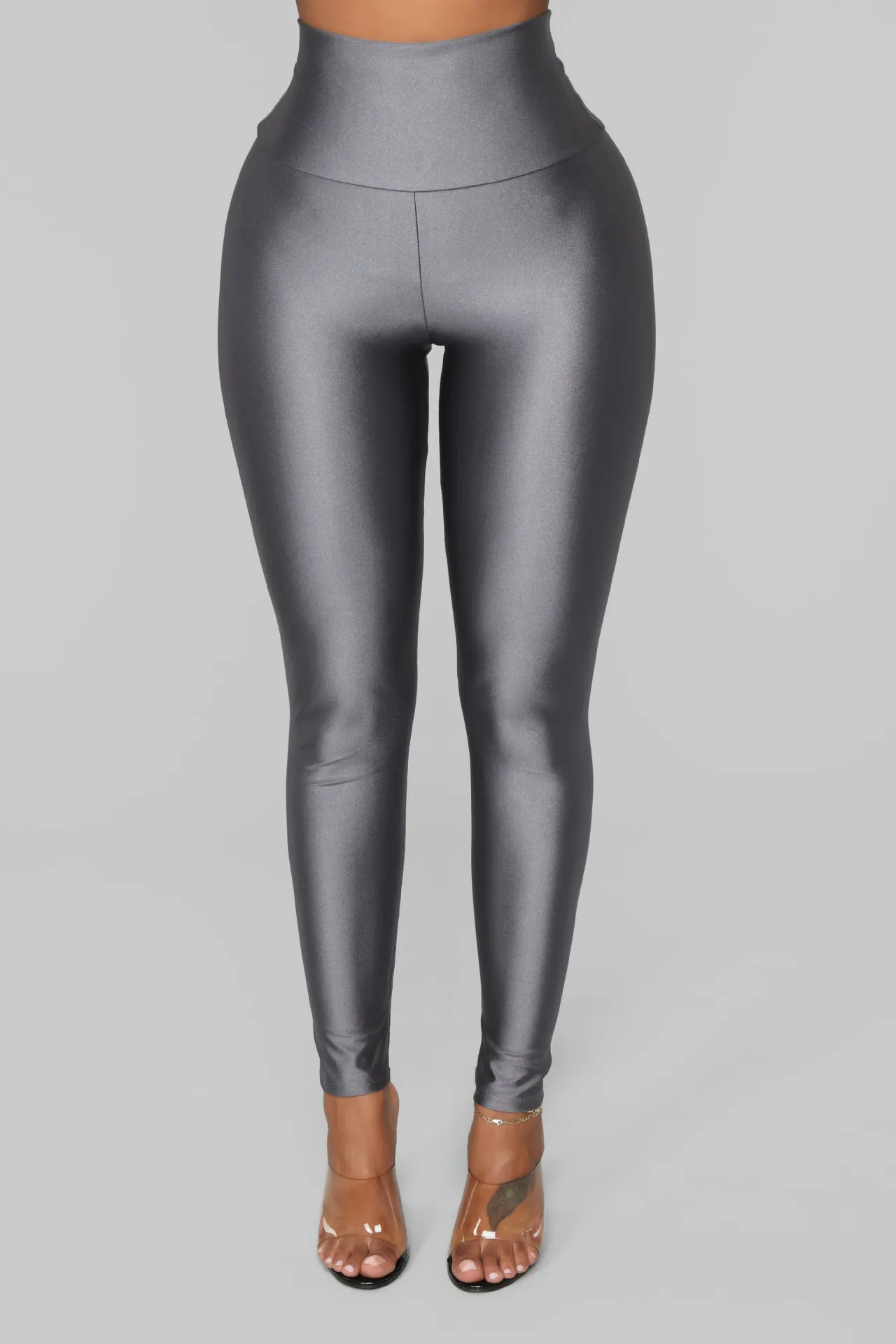 Euro-american Style Gray Gloss Leggings High-waisted Solid Color Leggings High-stretch Waist Tight Nine-point Pants For Women 1
