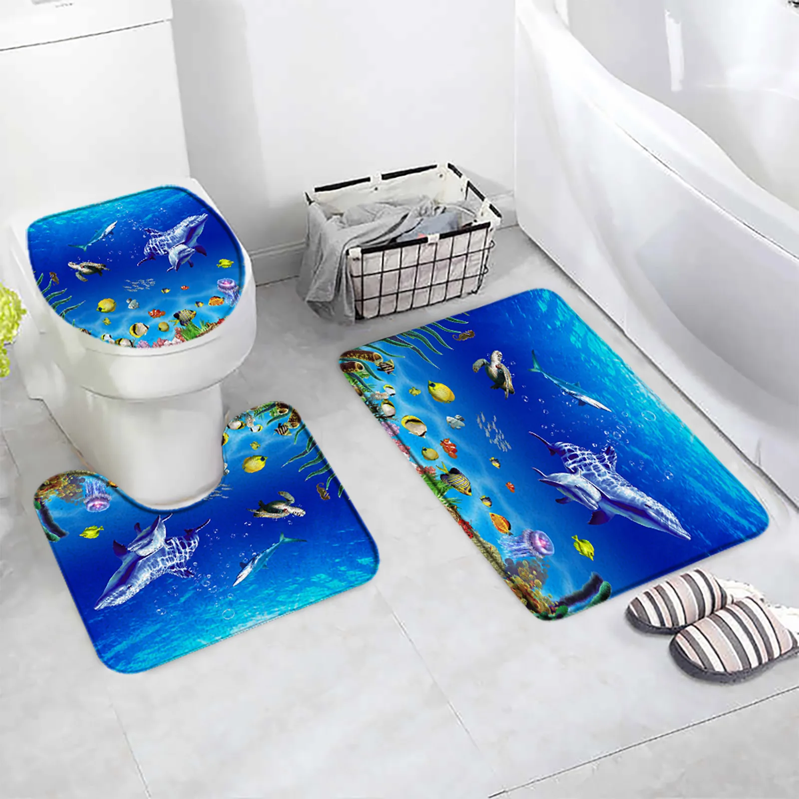 

Ocean Dolphin Scenery Bath Mat Marine Animal Palm Trees Beach Landscape Decor Anti Slip Rugs Toilet Lid Bathroom Accessories Set