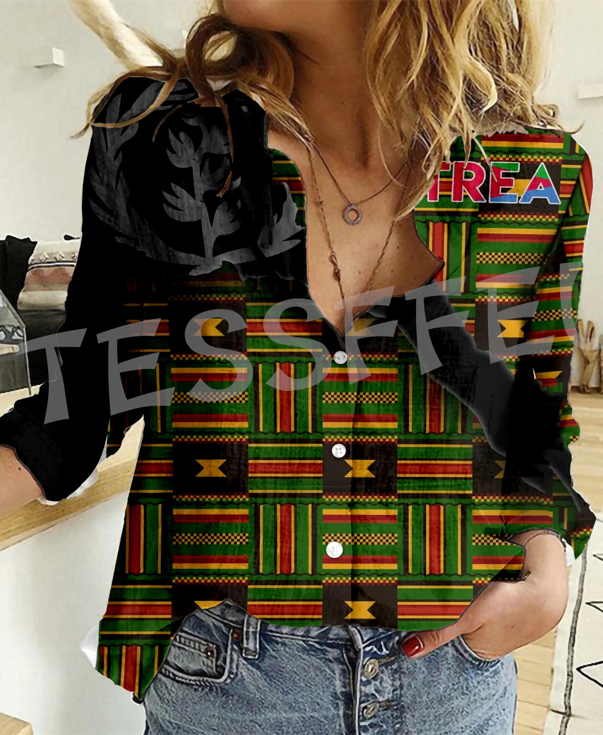 Africa County Eritrea Flag Lion Tattoo Retro Vintage Streetwear 3DPrint Harajuku Women Casual Button-Down Shirts Long Sleeves X7