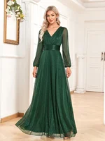Shiny Chiffon Dress – New V‑Neck Long Sleeve Evening Gown